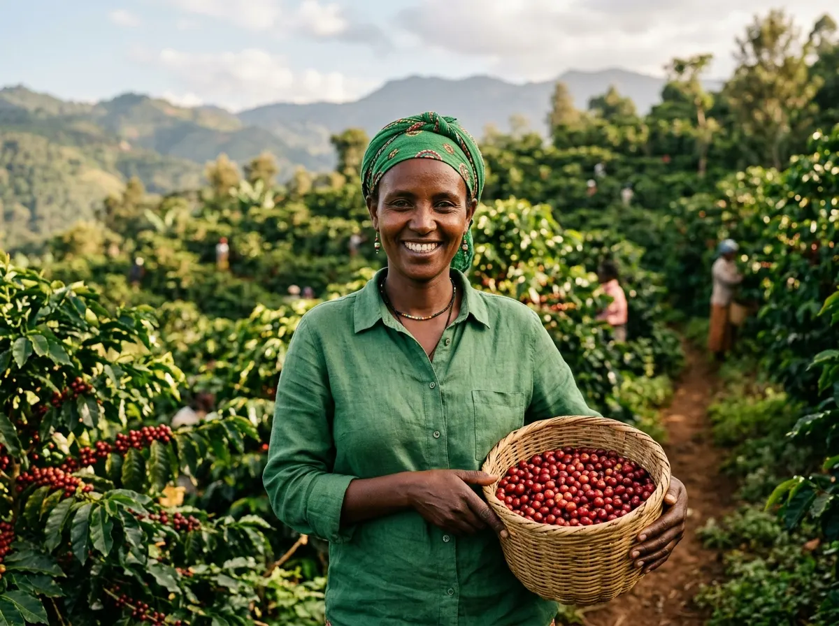 Smiling Ethiopian coffee farmer in coffee field