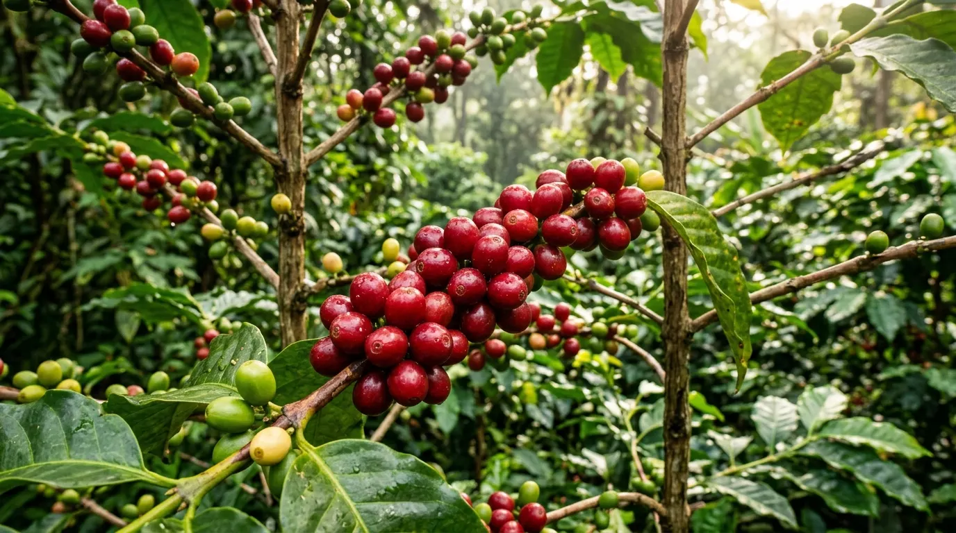 Vibrant coffee cherries on branch